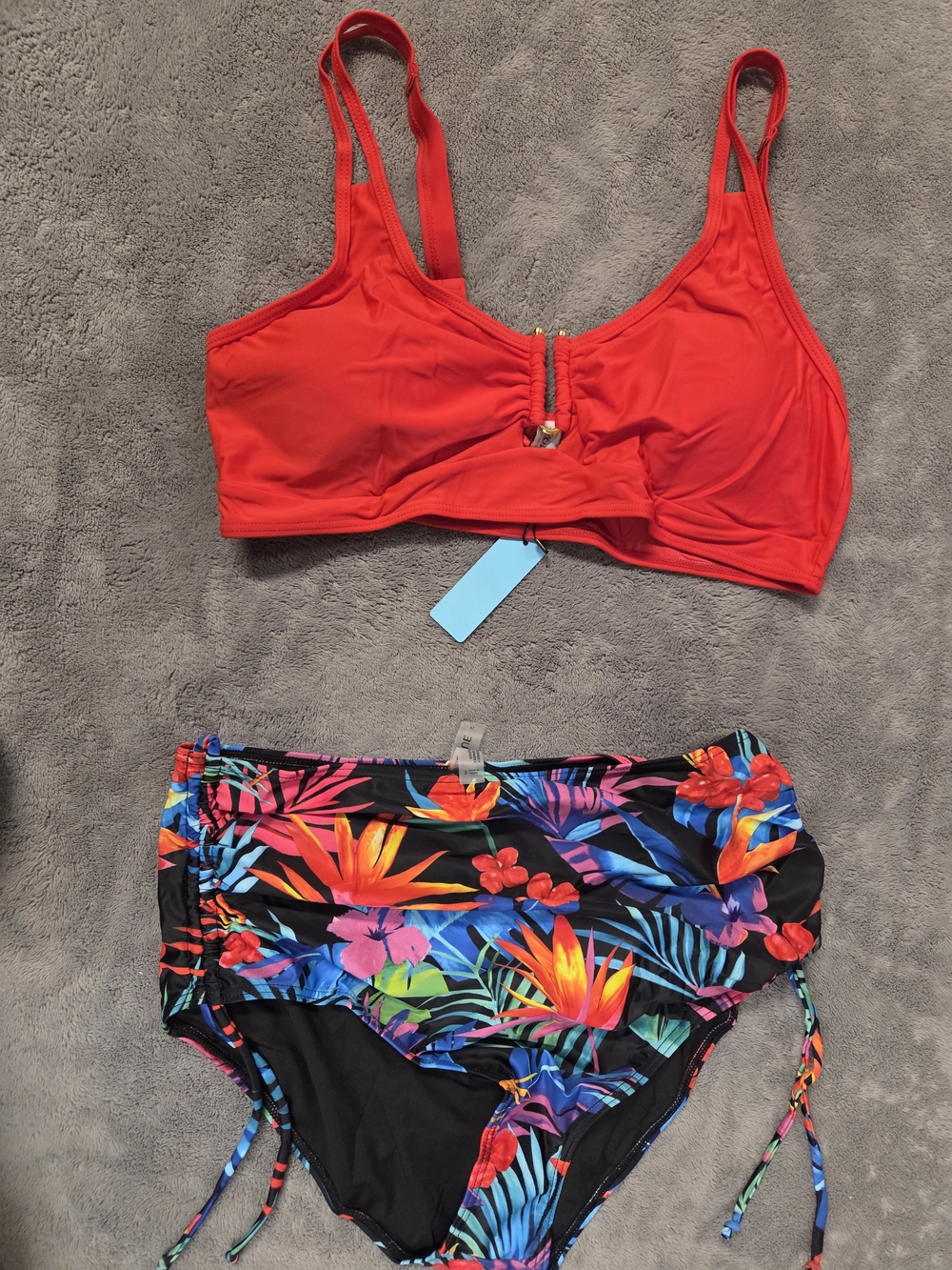 Younique Red Scoop Bikini Top with Tropical Print High-Waist Bottoms